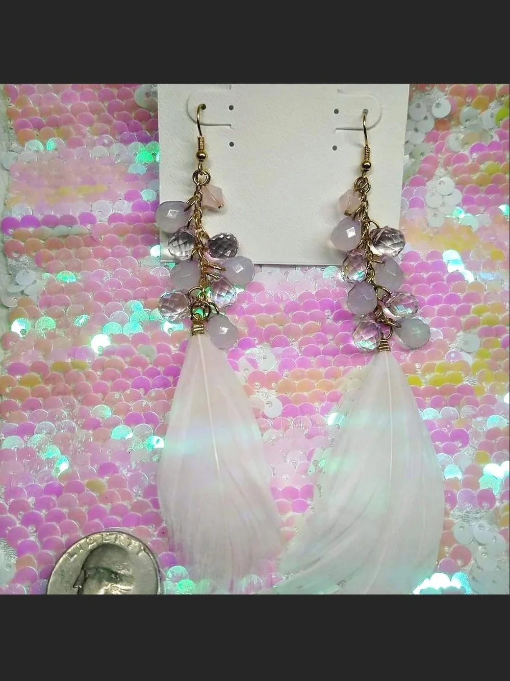 Delicate Light Lilac Feather Drop Earrings with Bead Accents